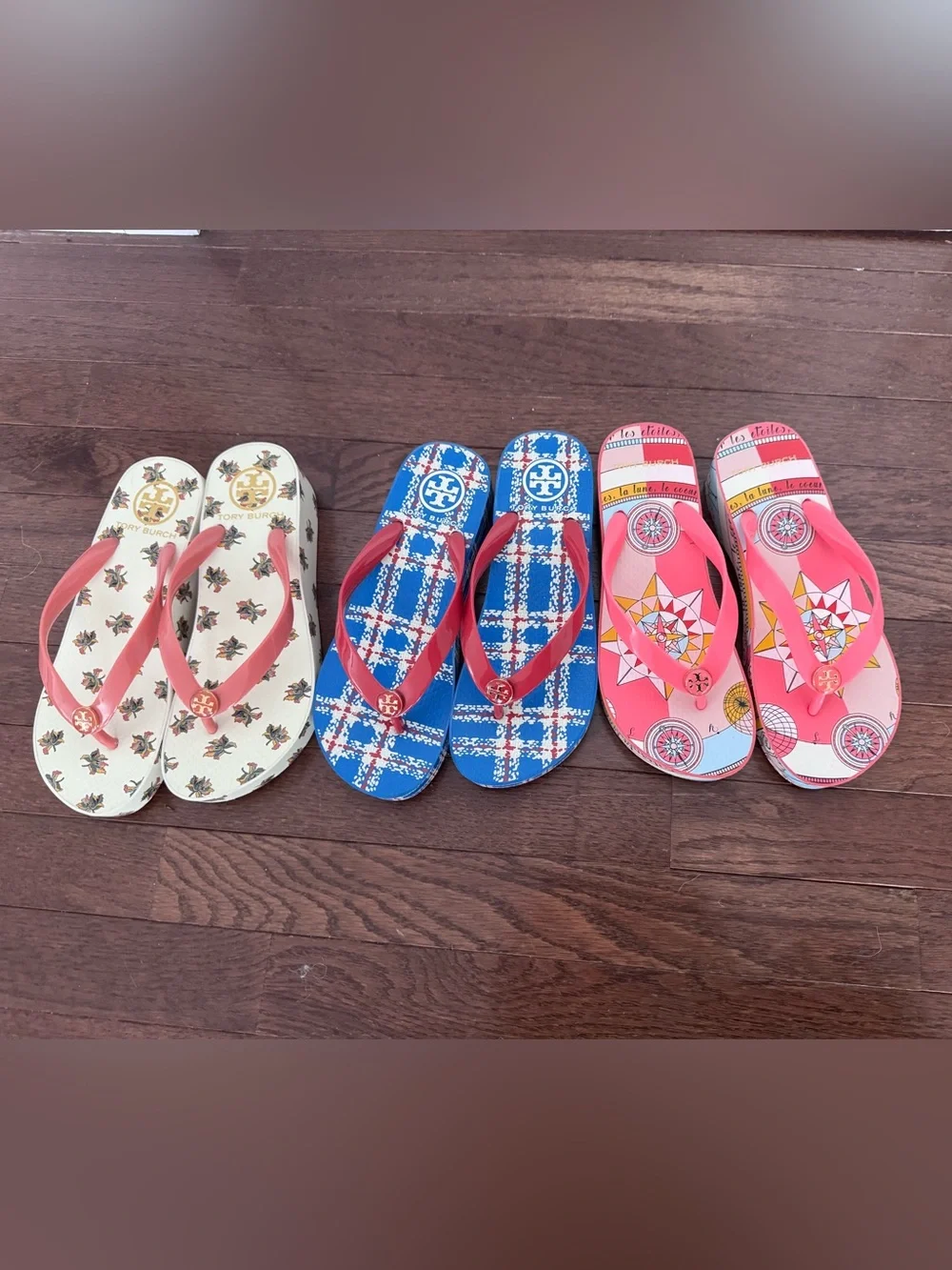 Tory Burch wedge flip flops.